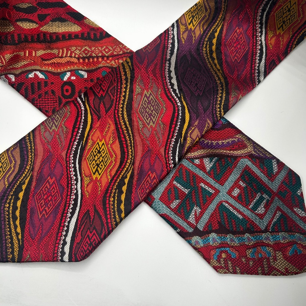 Coogi Australia Mens Silk Necktie Red Teal Abstract Geometric Woven Made in USA